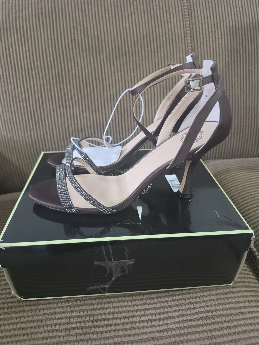 I. Miller Espresso Satin Crystal Strappy Heeled Sandals